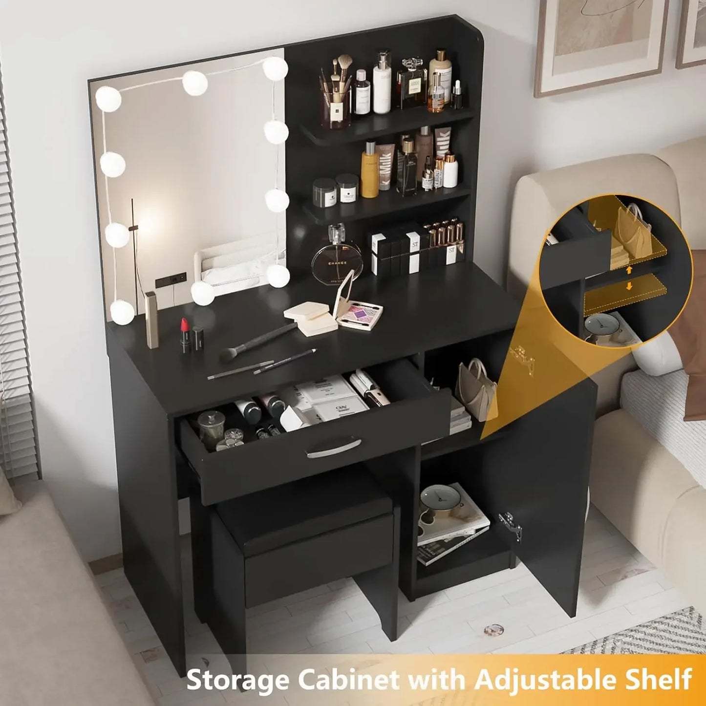 Vanity with Lighted Mirror, Desk Drawer and Storage Cabinet, Dresser Mirror Dressing Table for Bedroom, Bathroom, Black