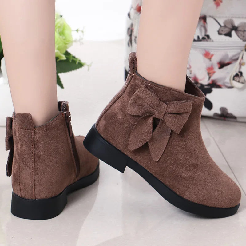 JGSHOWKITO Autumn Winter Girls Boots Fashion Rubber Boots For Kids Children's Ankle Boots Princess Sweet Warm Shoes Big Bow-knot