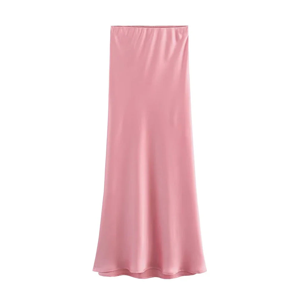 Women's Flowing Satin Midi Skirt, High Waist With Elastic Waistband, Female Skirts, Chic Fashion