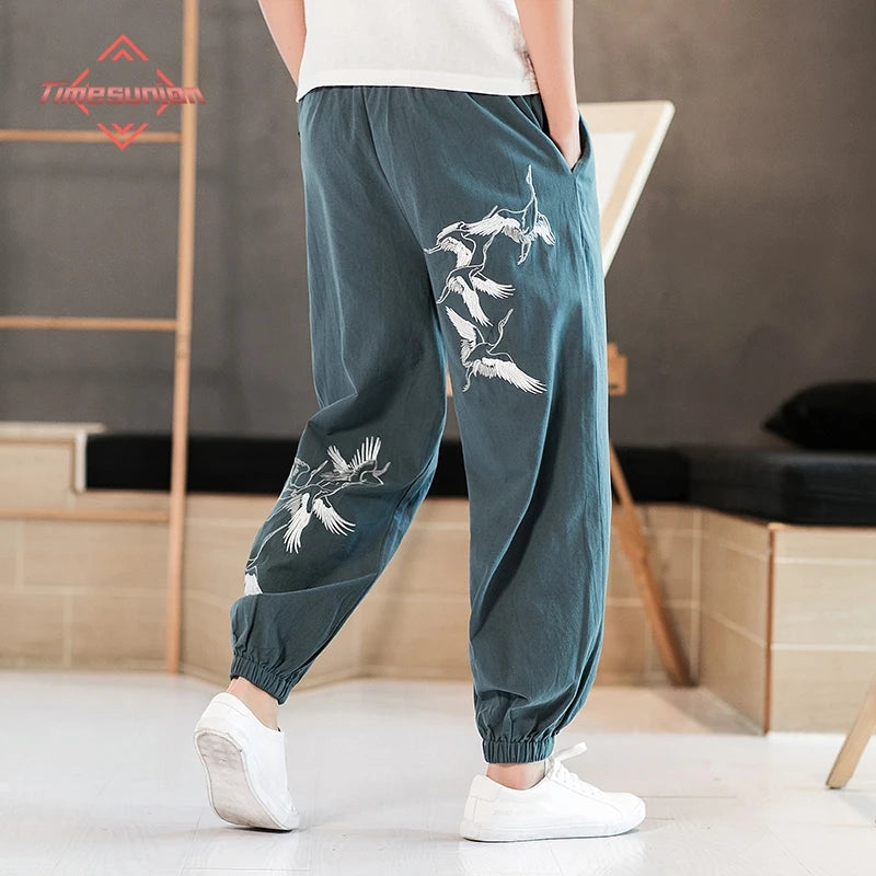 100% Cotton Mens Clothing Crane Embroidery Leggings Trousers Chinese Retro Harem Jogging Pants Sports Fitness Hip-hop Pants