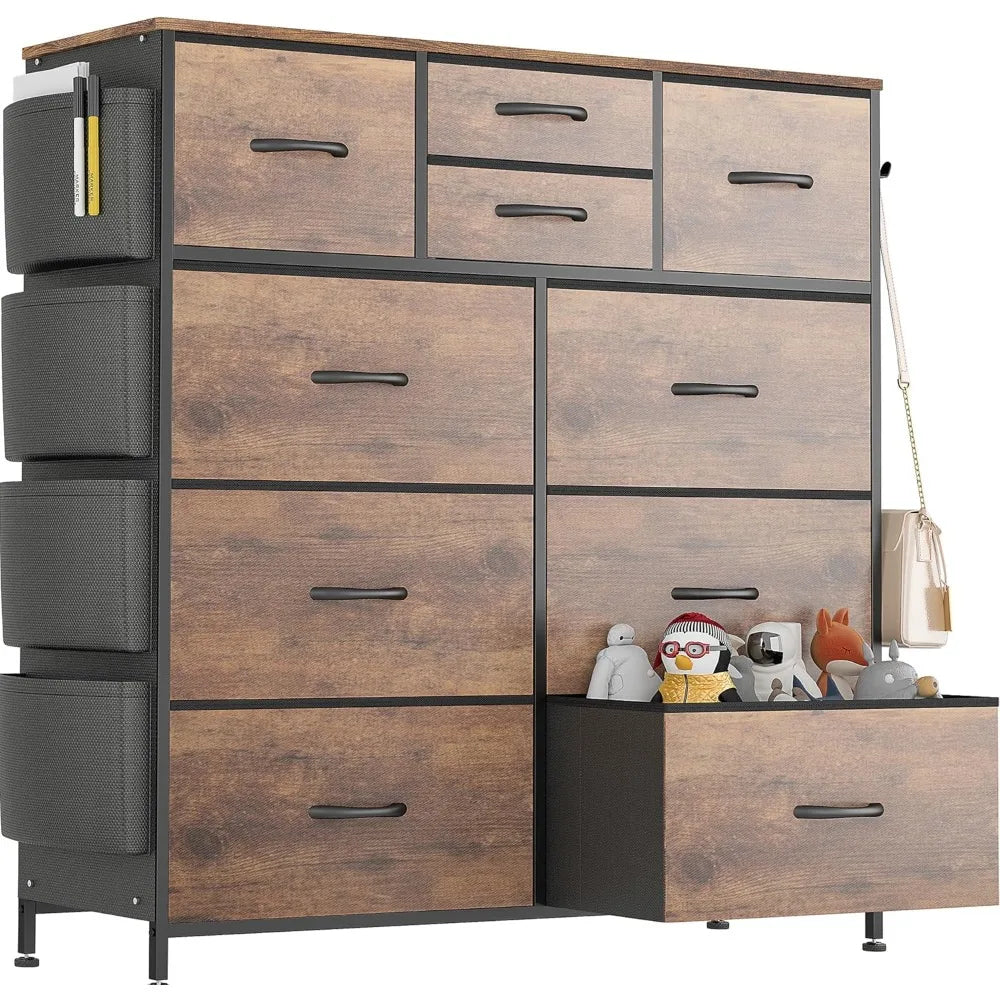 Dresser for Bedroom with 10 Drawers, Chest of Drawers with Side Pockets and Hooks, Fabric Storage Organizer Unit for Living Room