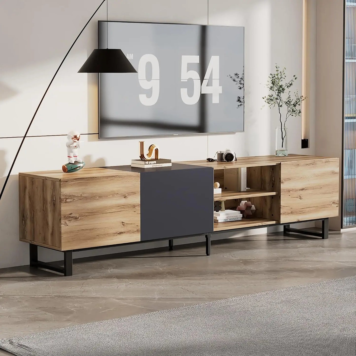 Modern TV Stand with 3 Cabinets & Open Shelves, Minimalist Wooden Entertainment Center for TVs Up to 80”, Sturdy TV Console for