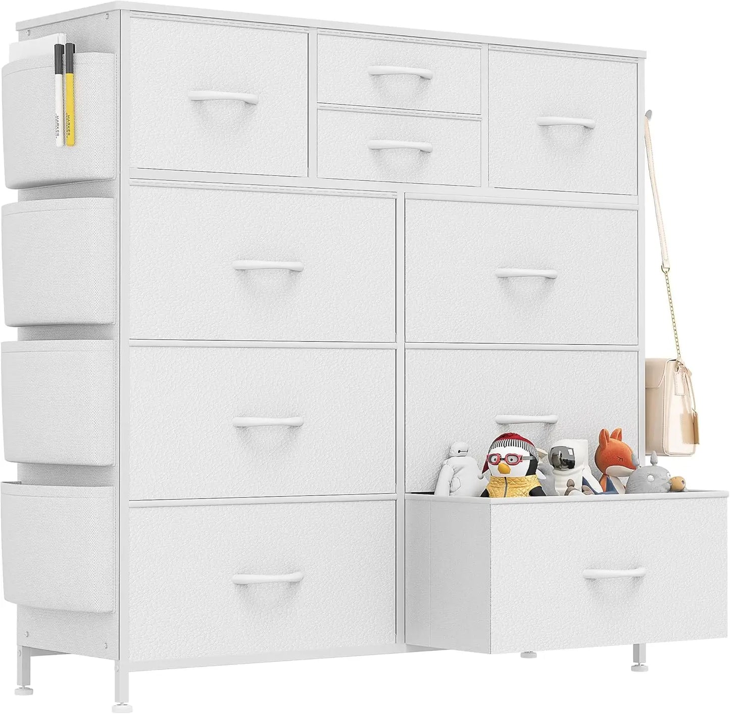 Dresser for Bedroom with 10 Drawers, Chest of Drawers with Side Pockets and Hooks, Fabric Storage Organizer Unit for Living Room