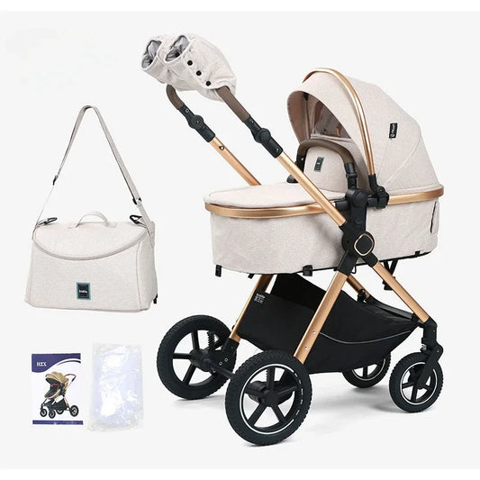 2-in-1 baby stroller, high landscape stroller, one click folding, can sit or lie down, comes with a mommy bag and warm gloves