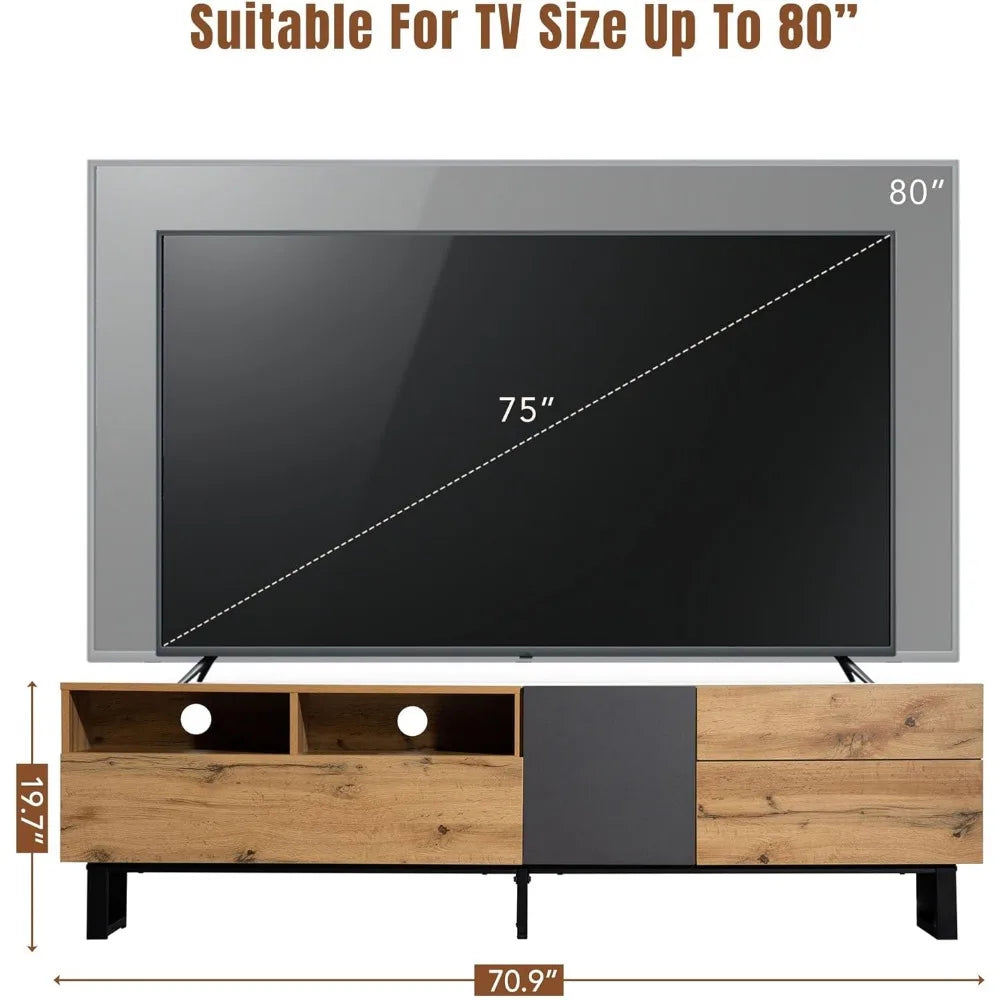 Modern TV Stand with 3 Cabinets & Open Shelves, Minimalist Wooden Entertainment Center for TVs Up to 80”, Sturdy TV Console for