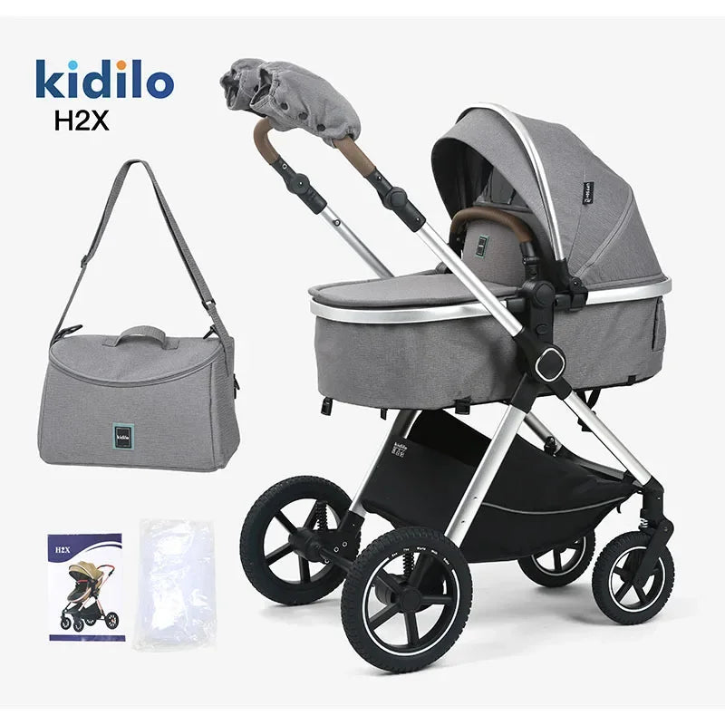 2-in-1 baby stroller, high landscape stroller, one click folding, can sit or lie down, comes with a mommy bag and warm gloves