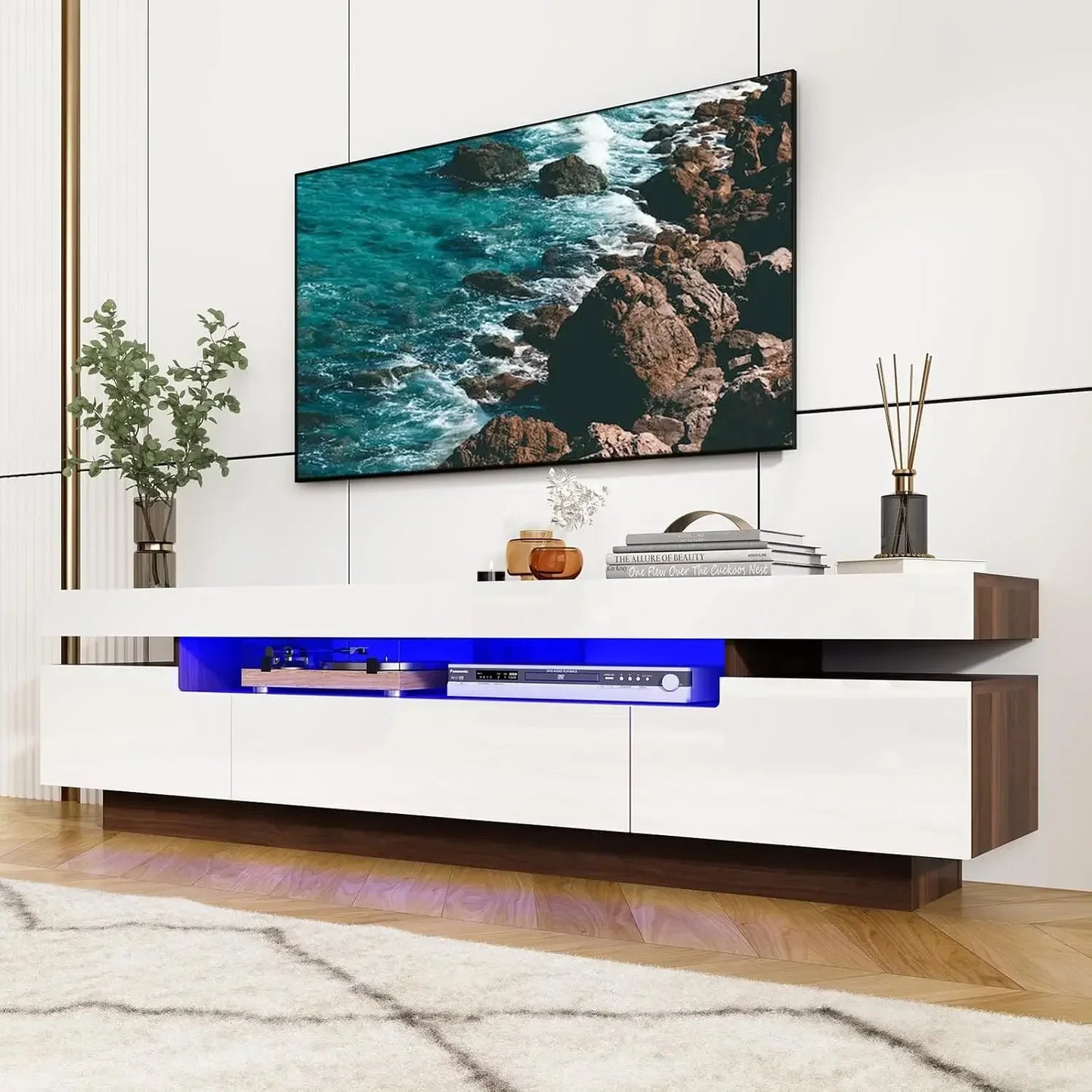 70in TV Cabinet for 75/80 Inch, High Gloss Entertainment Center with Storage Drawer,APP RGB Light, TV Stand