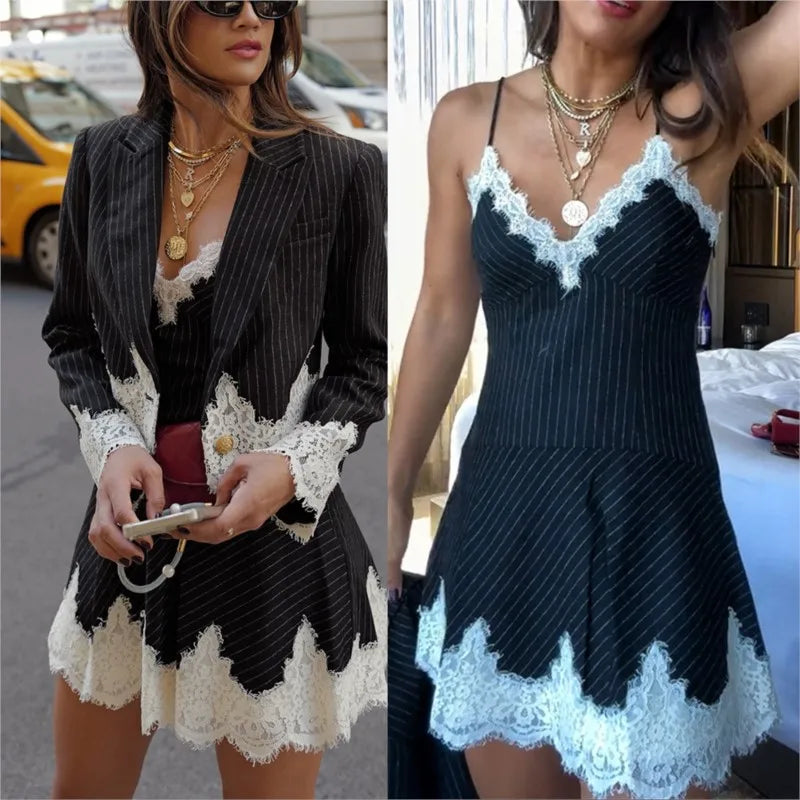 Women Sexy V Neck Mini Dress And Lapel Suit Jacket Office Lady Striped Lace Patchwork Two Piece Dress Sets Elegant Female Suits