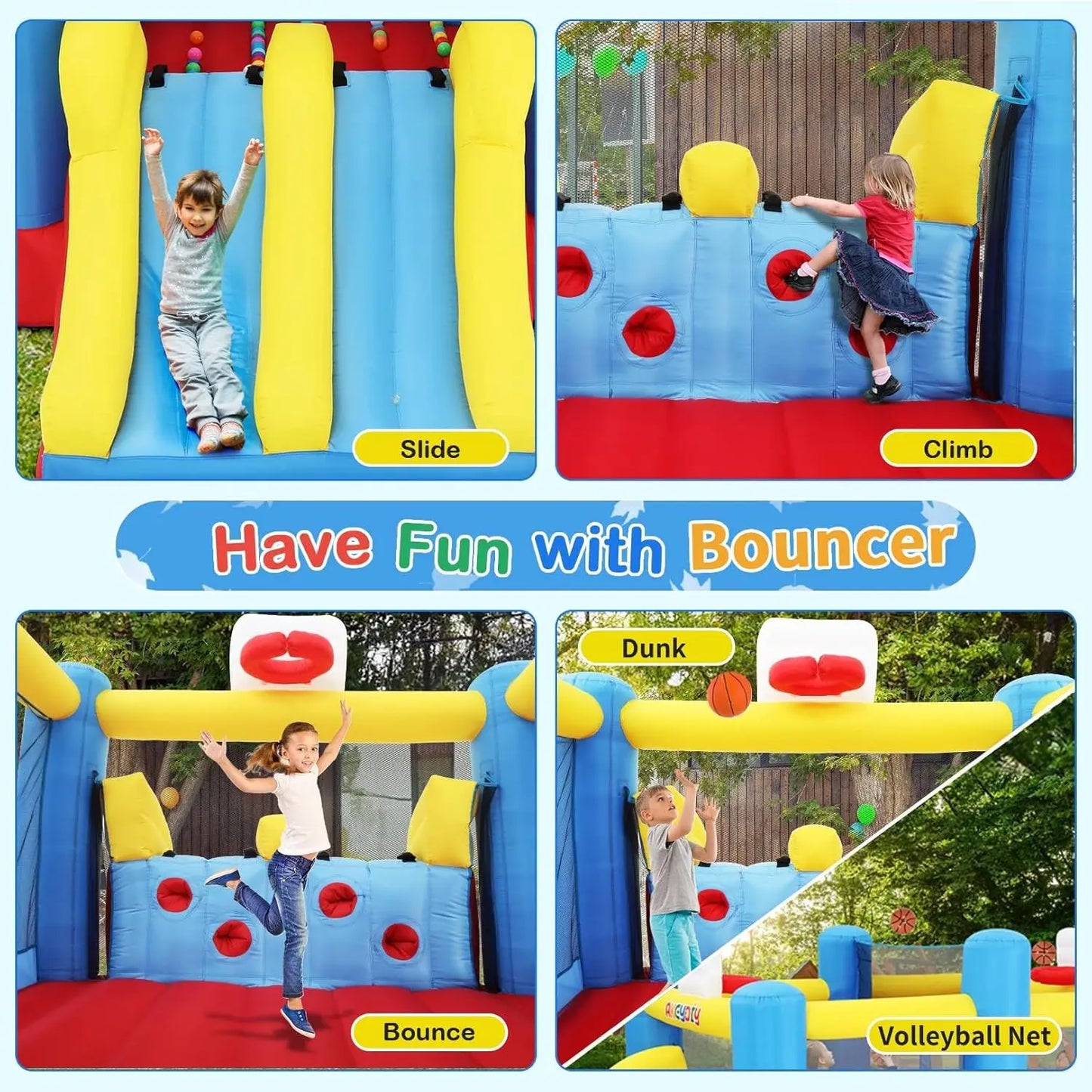 Inflatable Bounce House, Outdoor Indoor Bouncy House with Blower for Kids, Sports Ball Game Theme Park Bouncer w/Double