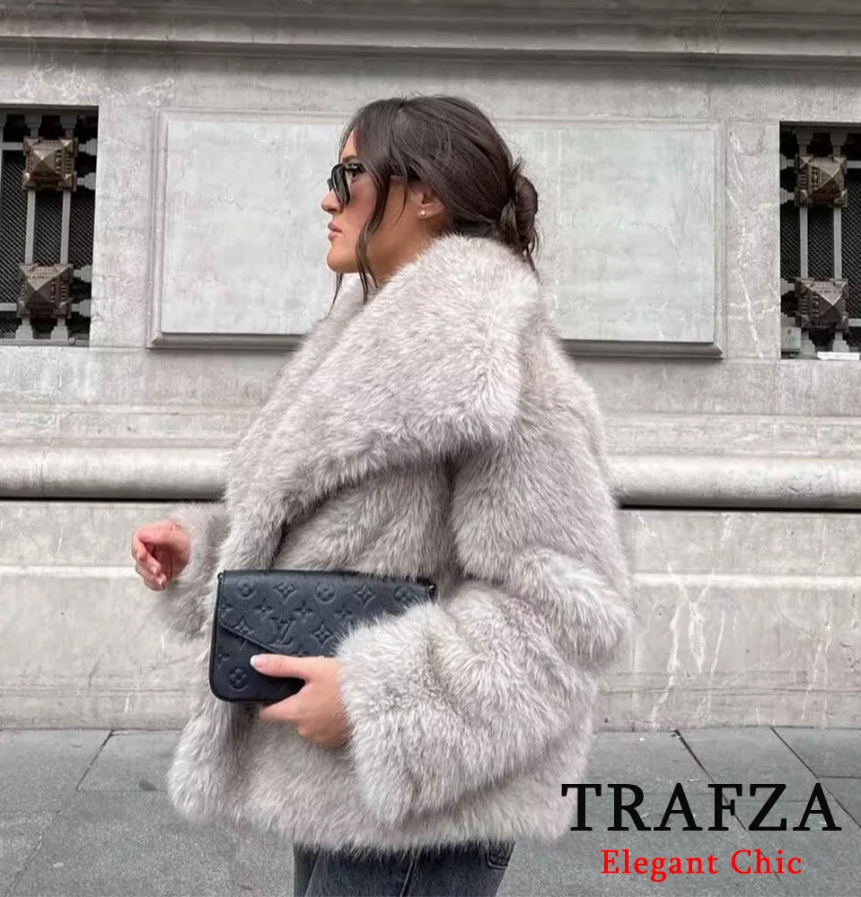 TRAFZA-Women Fashion Winter Solid  Big Lapel Coat Faux Fur Coat Jacket New 2025 Autumn Winter Slouchy Burgundy Black Gray Coat