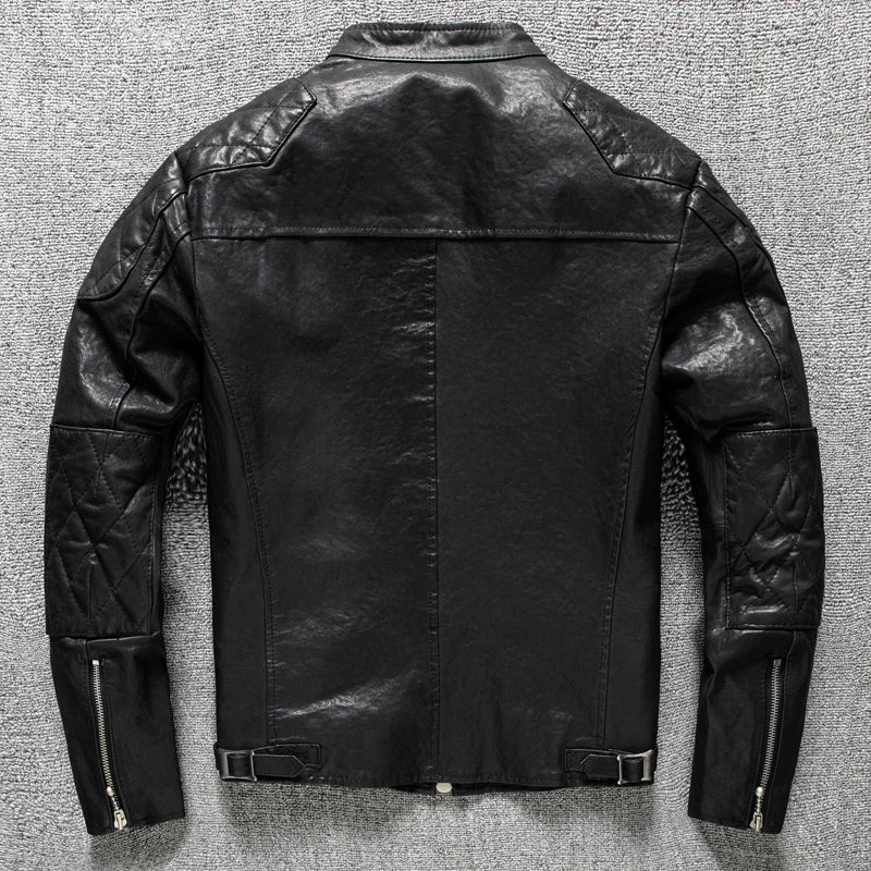 Black Spring Leather Jacket Men Stand Collar Plus Size 5XL Natural Thin Sheepskin Slim Fit Short Genuine Leather Coat