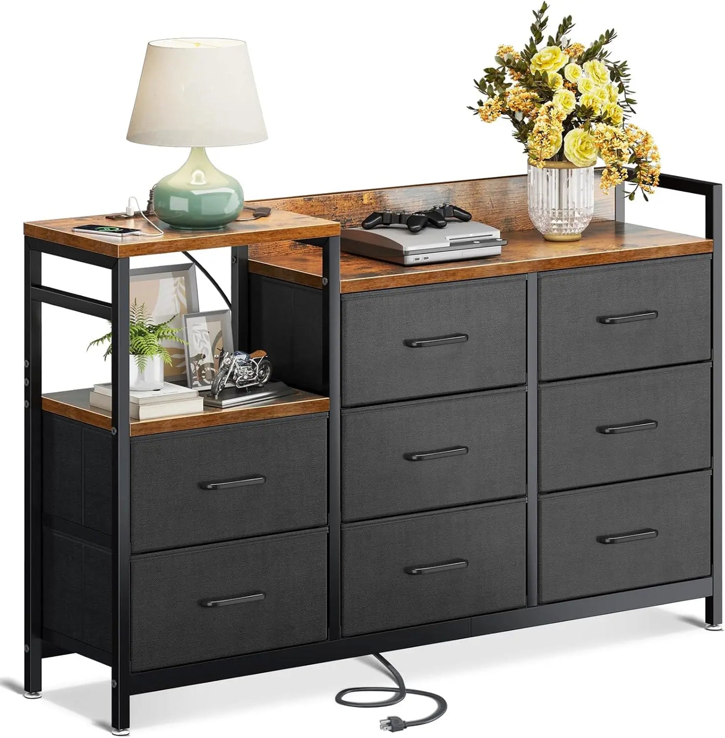 Dresser with Charging Station, 52-Inch Long Dresser for Bedroom with 8 Storage Drawers, Fabric Dressers Chests of Drawers with