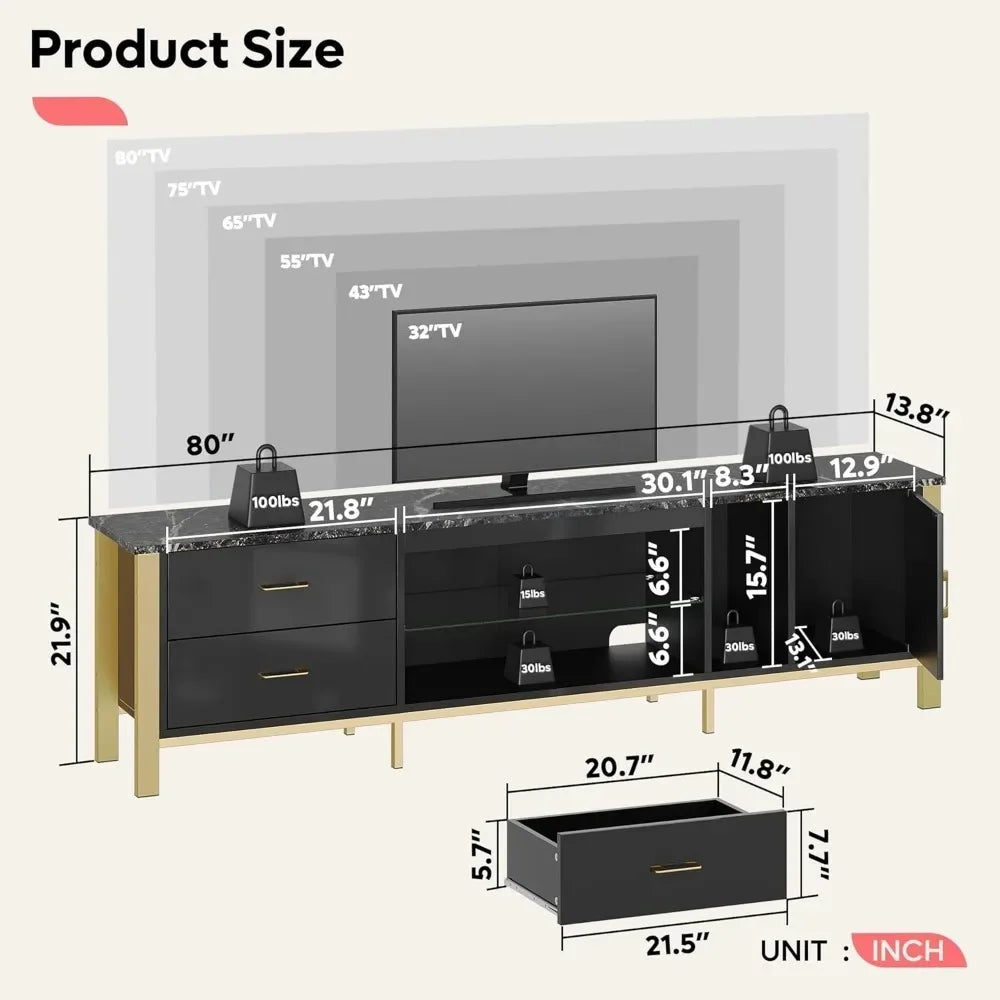 TV Stand, Modern TV Cabinet with Glass Shelves for Living Room, 2 Storage Drawers & Cabinets, LED Gaming Entertainment Center