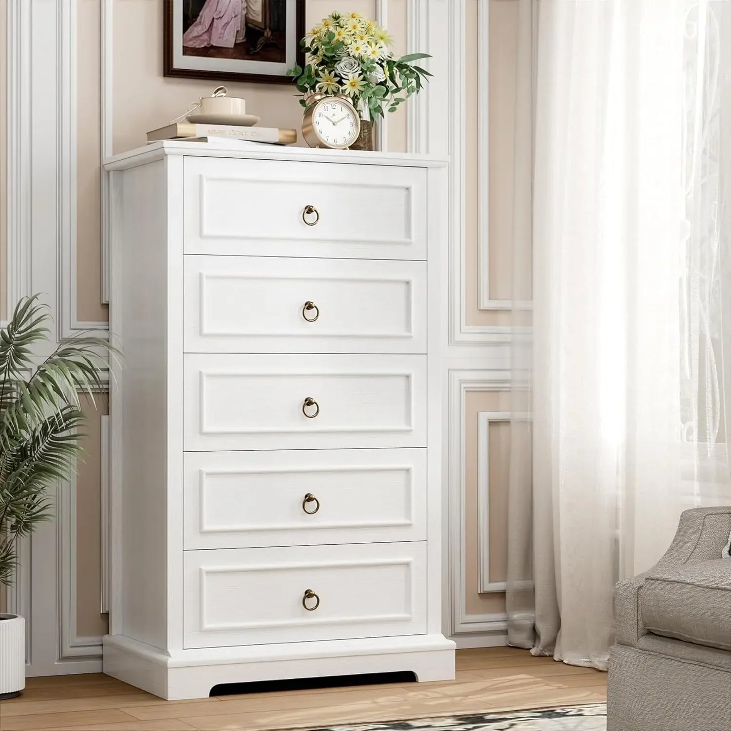 Dresser for Bedroom, 44" Tall Dresser with 5 Drawers, White Chest of Drawers with Storage, Modern Farmhouse Wood Dresser