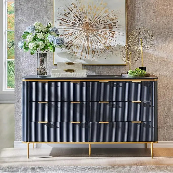 Fluted 6 Drawers Dresser, 54" Wide Modern Dresser TV Stand, Gold Accents, Fluted Fronts, Wood Storage Dressers Organizer