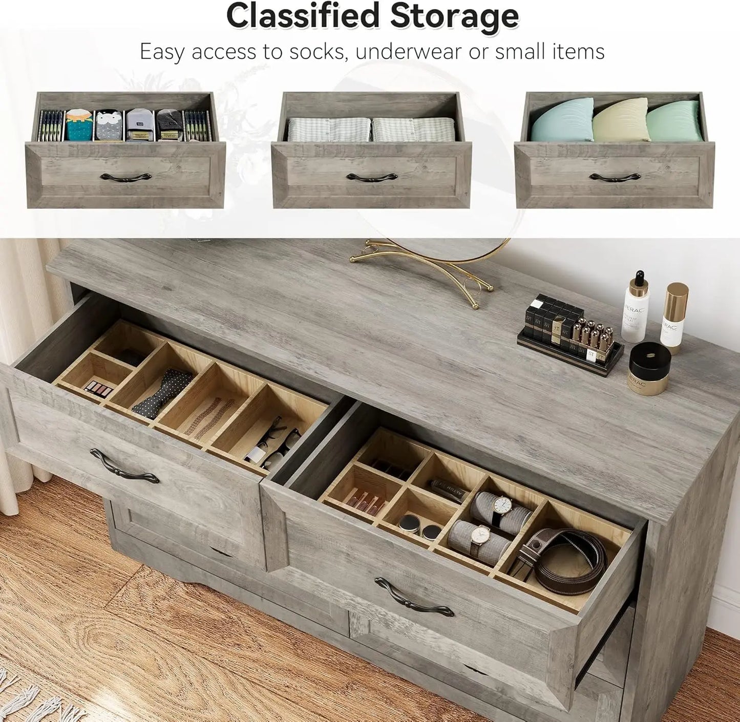 Farmhouse Chest of Drawer with Metal Handles, Modern Storage Organizer with Anti-Collapse Design, Wooden Dresser for Living Room