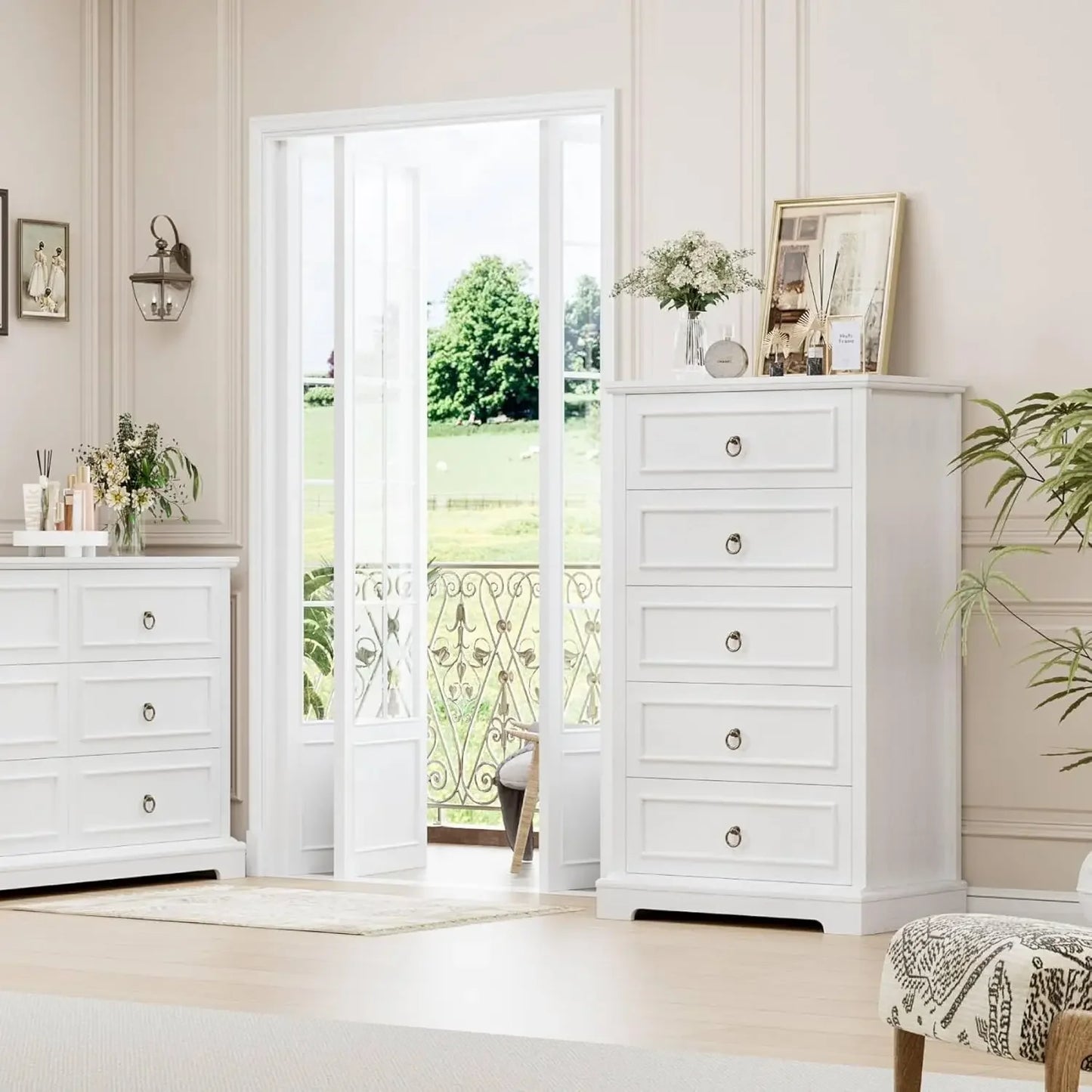 Dresser for Bedroom, 44" Tall Dresser with 5 Drawers, White Chest of Drawers with Storage, Modern Farmhouse Wood Dresser