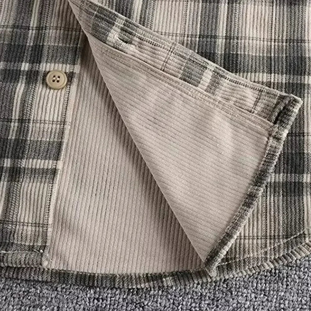 Fashion Mens Classic Plaid Shirts Washed Corduroy Thick Autumn Spring Long Sleeve Comfortable Shirt Coat Men Clothing