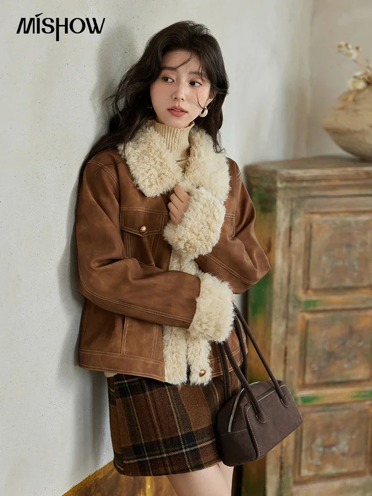 MISHOW Leather Fur Jacket Women Lamb Wool 2024 Winter Women Coat Fashion Soft Cotton Clip Thickened Spliced Jacket MXD56W0538