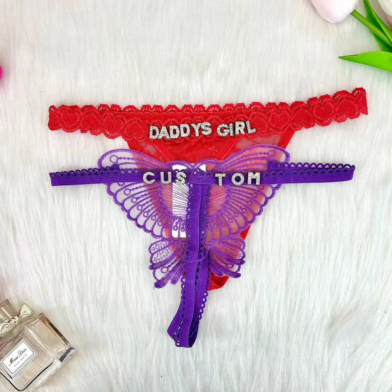 Customize Thong Panties Hollow Butterfly 2PC/set Name Gifts For Women Custom Hotwife Lingerie Underpants Lace String Underwear