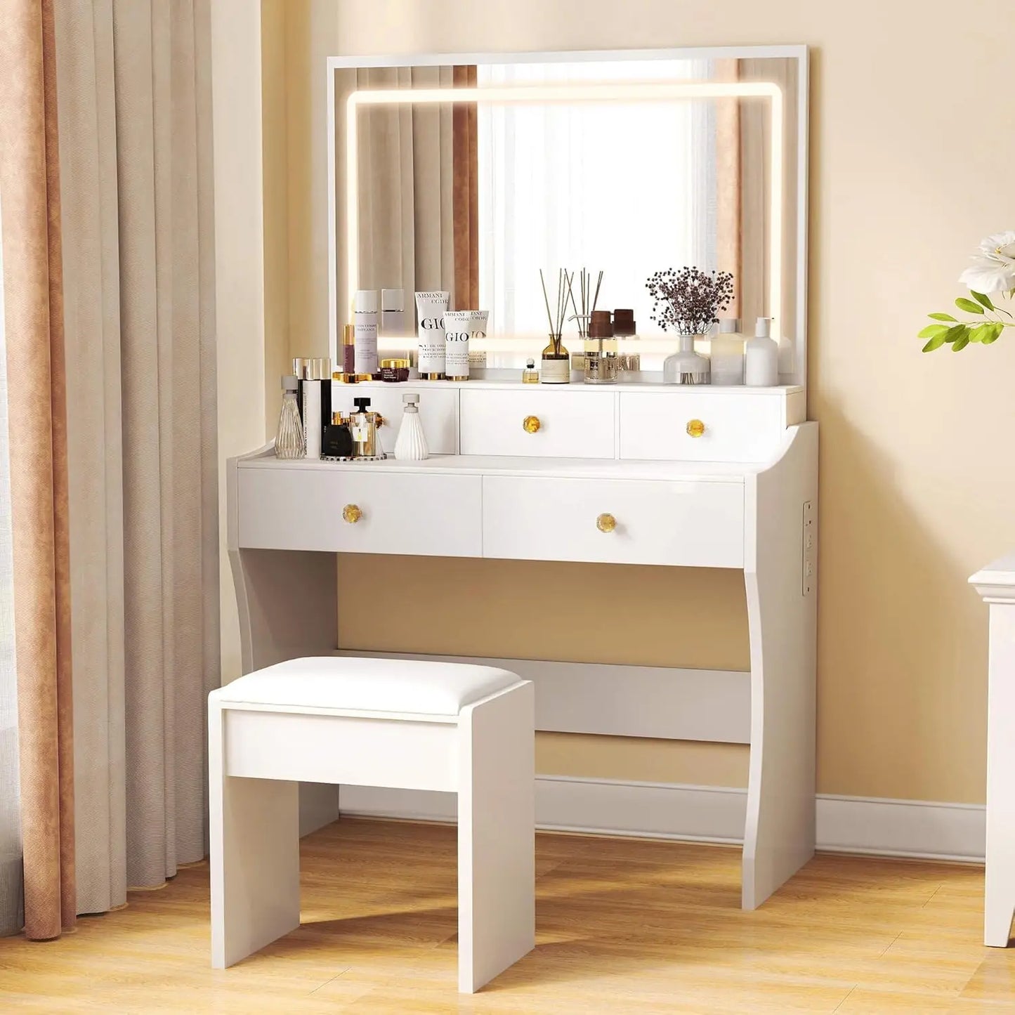 Makeup Vanity Desk with Mirror and Lights, Vanity Table and Chair Set with 5 Drawers and Charging Station, Bedroom Dresser LED M