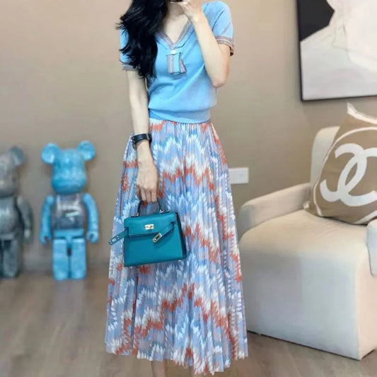 Skirt suit women's 2024 fashion pleated floral half-length suit skirt blue short-sleeved shirt elegant slim two-piece suit