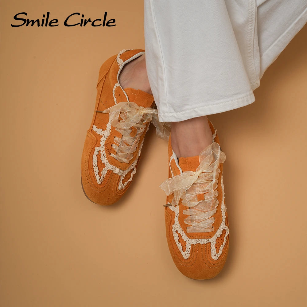 Smile Circle Women Sneakers Suede Leather Trainers Lace up Flat Shoes Fashion Casual Sneakers