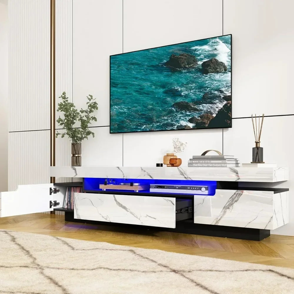 70in TV Cabinet for 75/80 Inch, High Gloss Entertainment Center with Storage Drawer,APP RGB Light, TV Stand