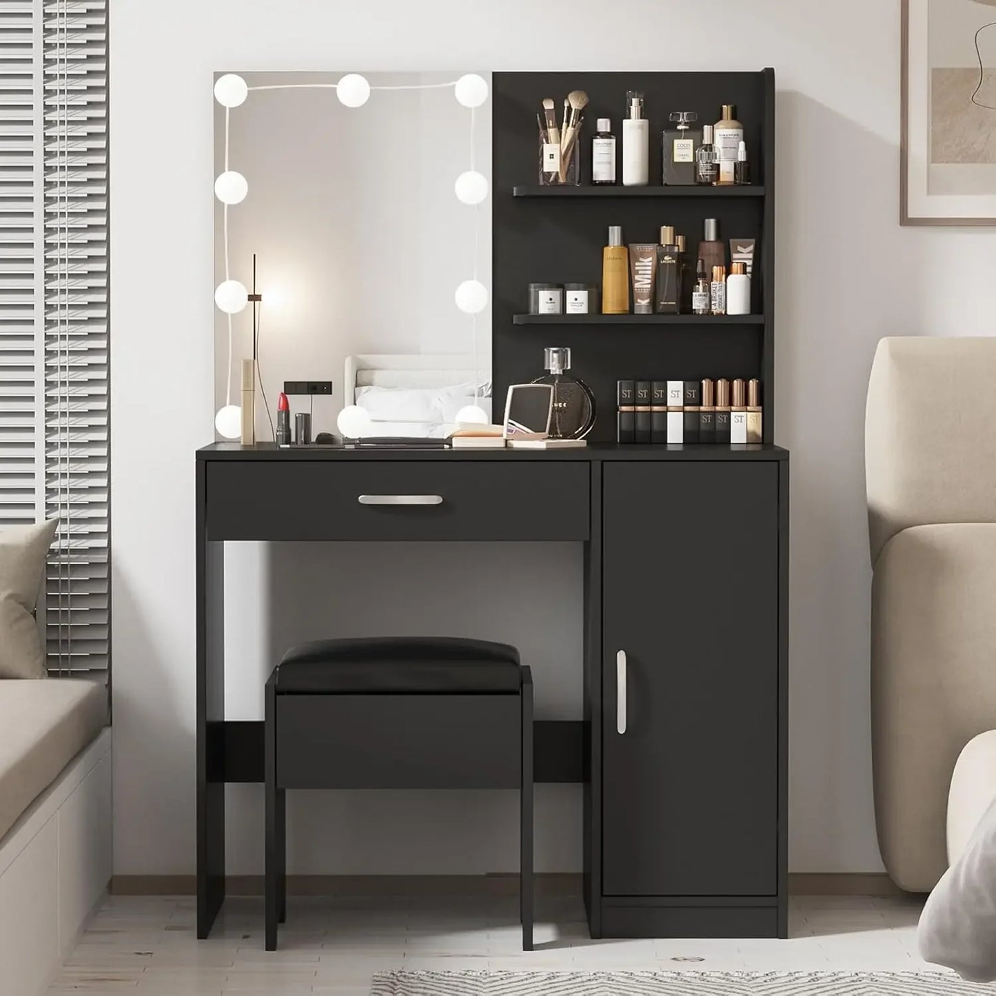 Vanity with Lighted Mirror, Desk Drawer and Storage Cabinet, Dresser Mirror Dressing Table for Bedroom, Bathroom, Black