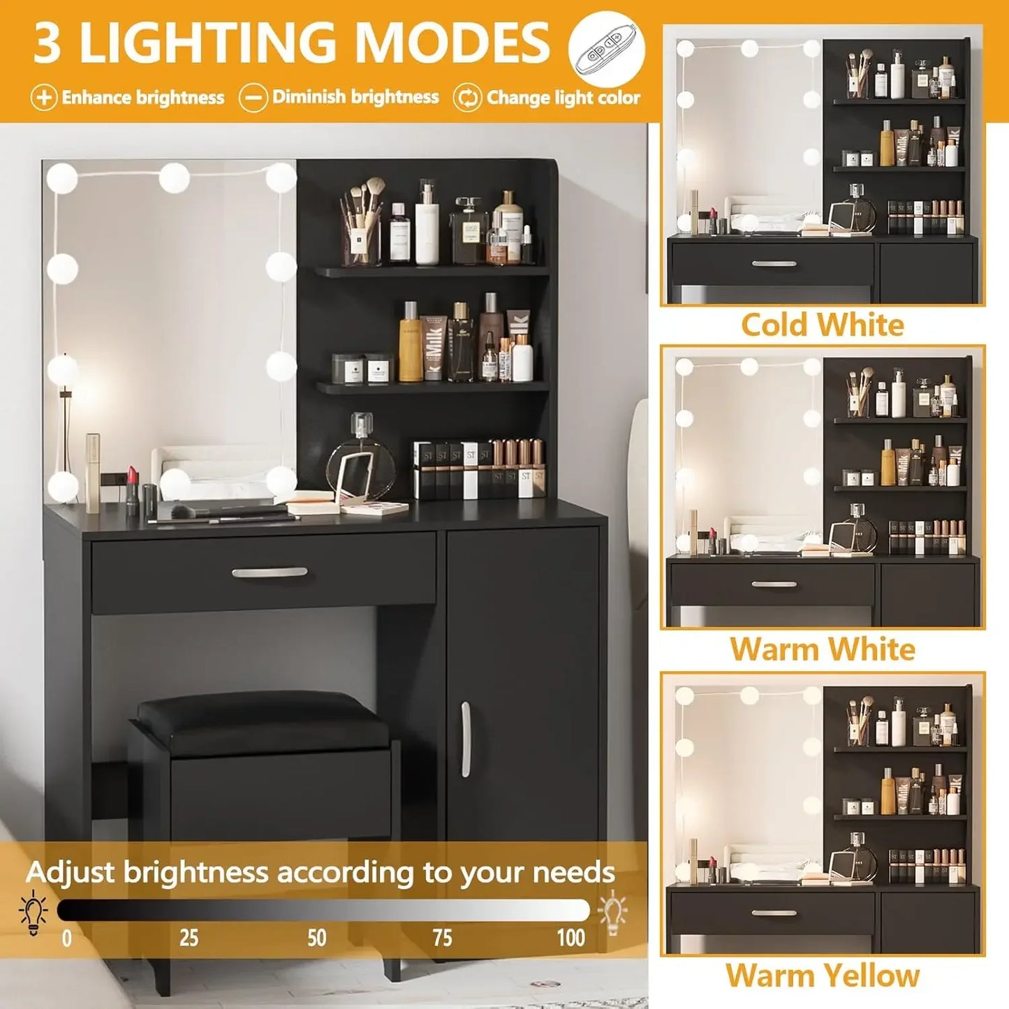 Vanity with Lighted Mirror, Desk Drawer and Storage Cabinet, Dresser Mirror Dressing Table for Bedroom, Bathroom, Black