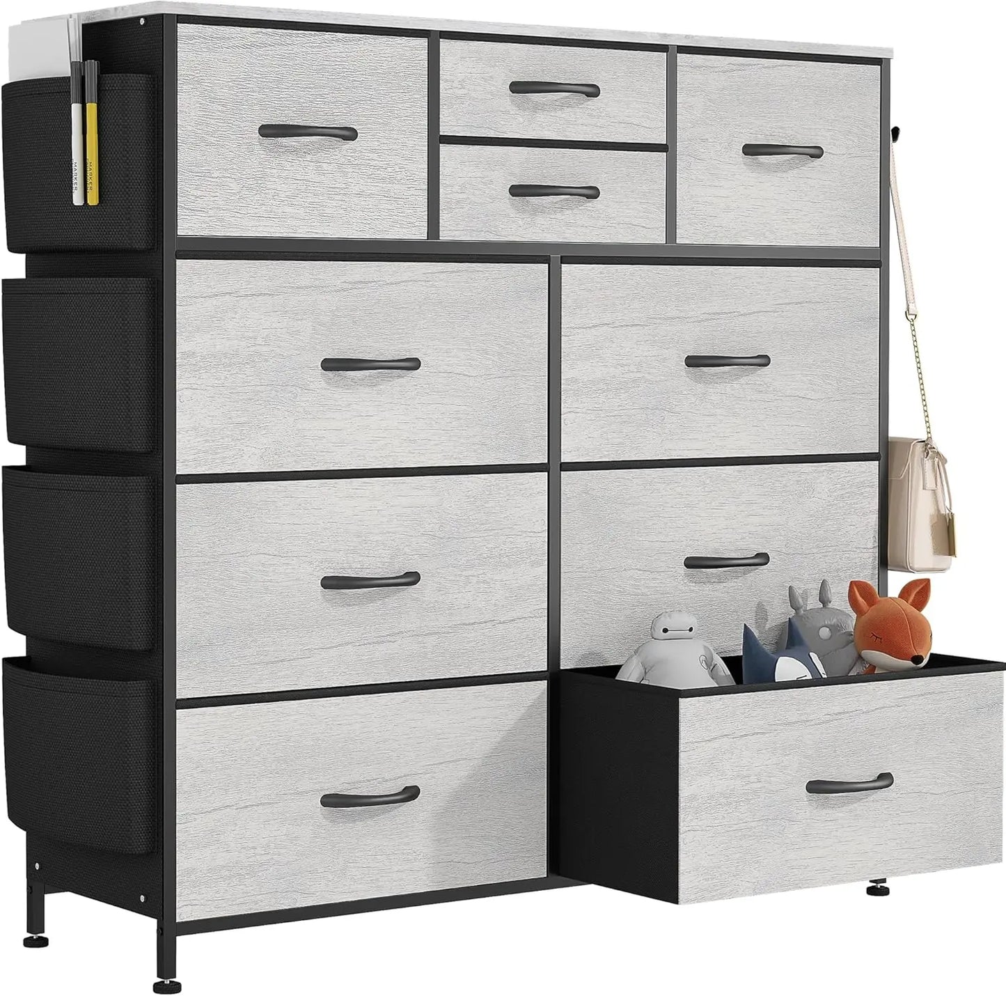 Dresser for Bedroom with 10 Drawers, Chest of Drawers with Side Pockets and Hooks, Fabric Storage Organizer Unit for Living Room