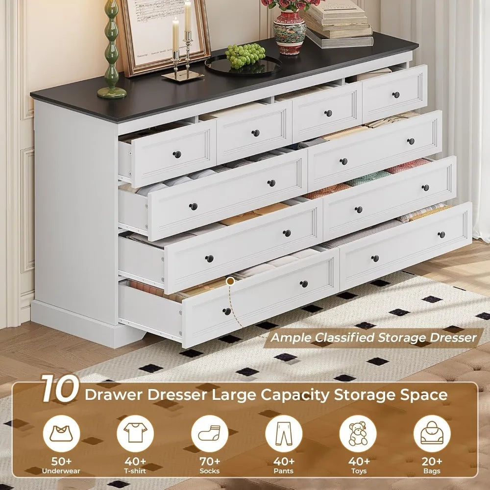 10 Drawers Dresser, Large Drawers White Dresser for Bedroom, Wood Dressers & Chest of Drawers for Bedroom, Living Room