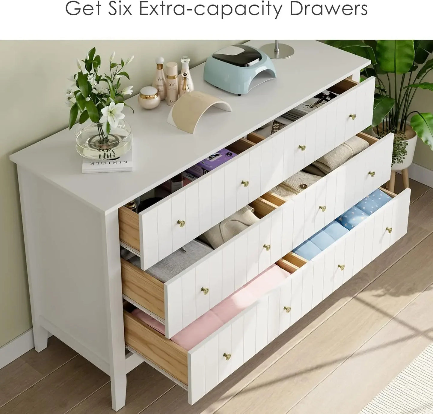 White Dresser, Chest of Drawers, Modern 6 Drawer Double Dresser with Deep Drawers, Wide Storage Organizer Cabinet for Li