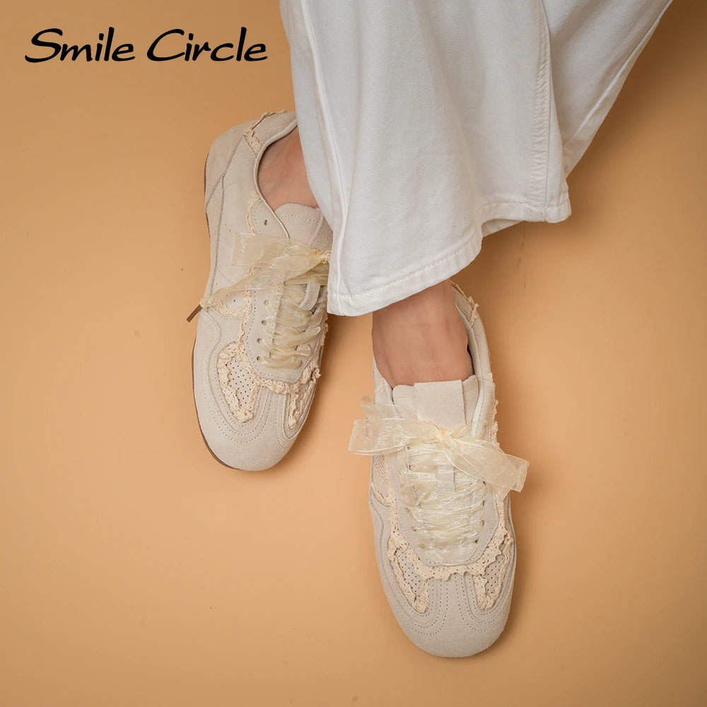 Smile Circle Women Sneakers Suede Leather Trainers Lace up Flat Shoes Fashion Casual Sneakers