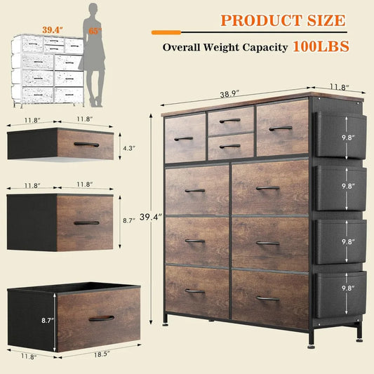 Dresser for Bedroom with 10 Drawers, Chest of Drawers with Side Pockets and Hooks, Fabric Storage Organizer Unit for Living Room