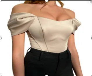 Elegant Women's New Fishbone Waist Cinched Strapless Vest With Satin One Shoulder Top Summer Fashion Short Sleeved Shirt Blouse