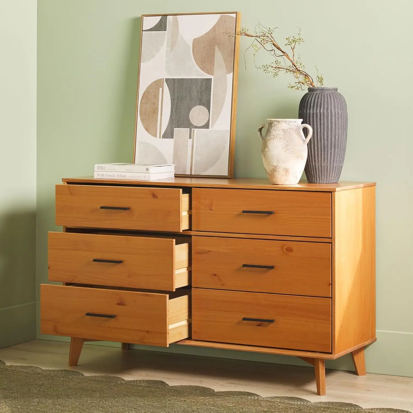 Edision Modern Solid Pine Wood 6-Drawer Dresser with Metal Handles and Generous Storage Space, Caramel Finish