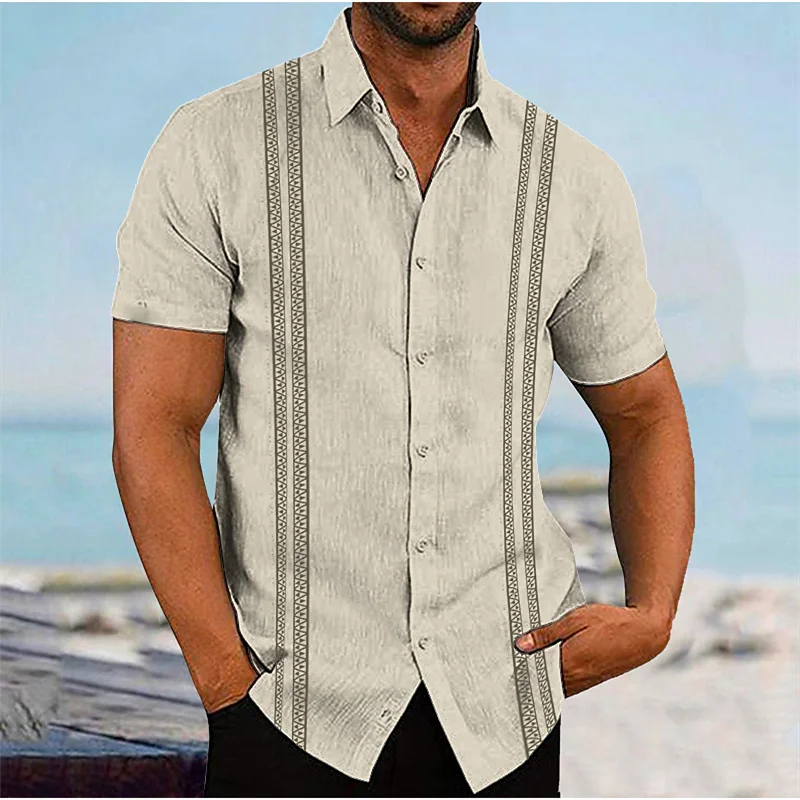 Men's Linen Shirts Casual Long Sleeve Shirts Striped Lapel Hawaiian Holiday Outfits Clothing Comfortable Tops