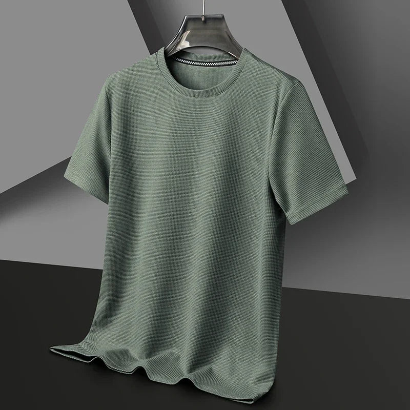 Short sleeved Polo shirShort sleeved Waffle Solid Polot fashion splicing men's round neck top cotton daily short sleeved T-shirt