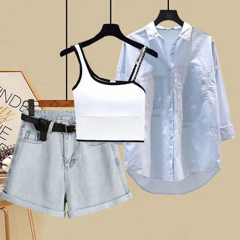 Spring and Summer Women's Suit New Fashionable Sun Protection Shirt Small Suspender Slimming Denim Shorts Three Piece Set