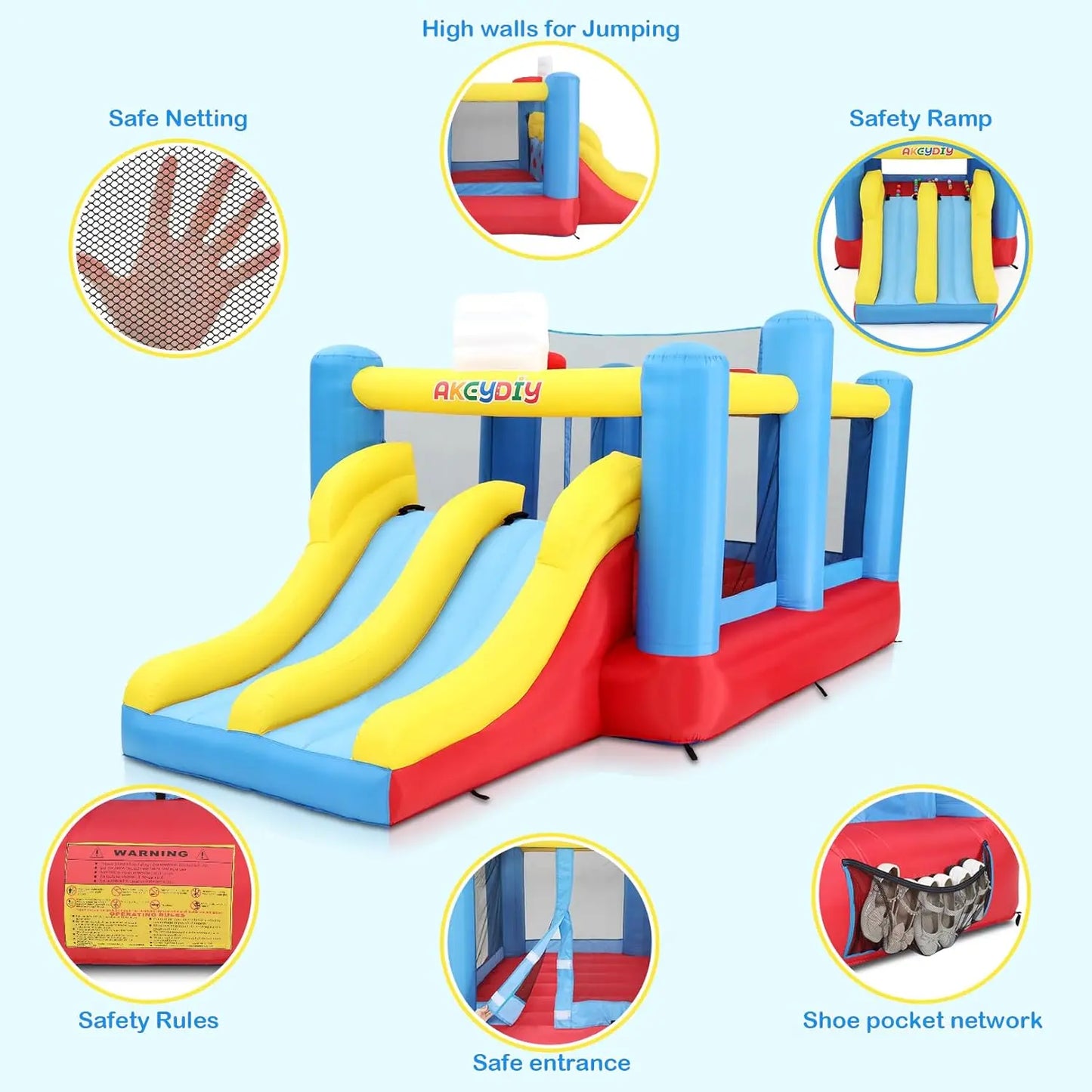 Inflatable Bounce House, Outdoor Indoor Bouncy House with Blower for Kids, Sports Ball Game Theme Park Bouncer w/Double