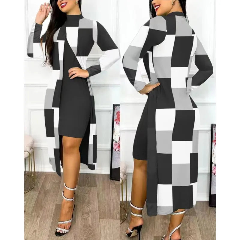 Two Piece Set Women Print Dresses Sets Full Sleeve Half High Collar Split Cardigan Dress Suits Elegant A Line Office Lady