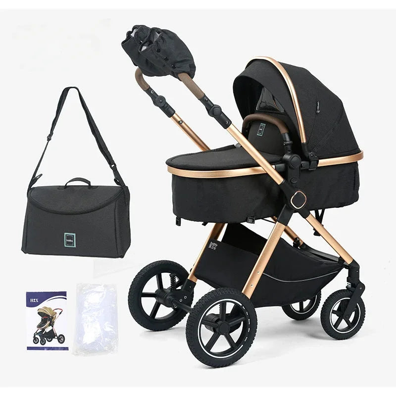 2-in-1 baby stroller, high landscape stroller, one click folding, can sit or lie down, comes with a mommy bag and warm gloves