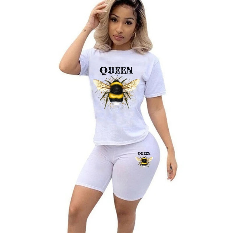 Women Two Piece Set Summer Short Sleeve O-Neck Tee Tops+Pencil Shorts Suits Tracksuits Outfit Graphic T Shirts Jogging Suits