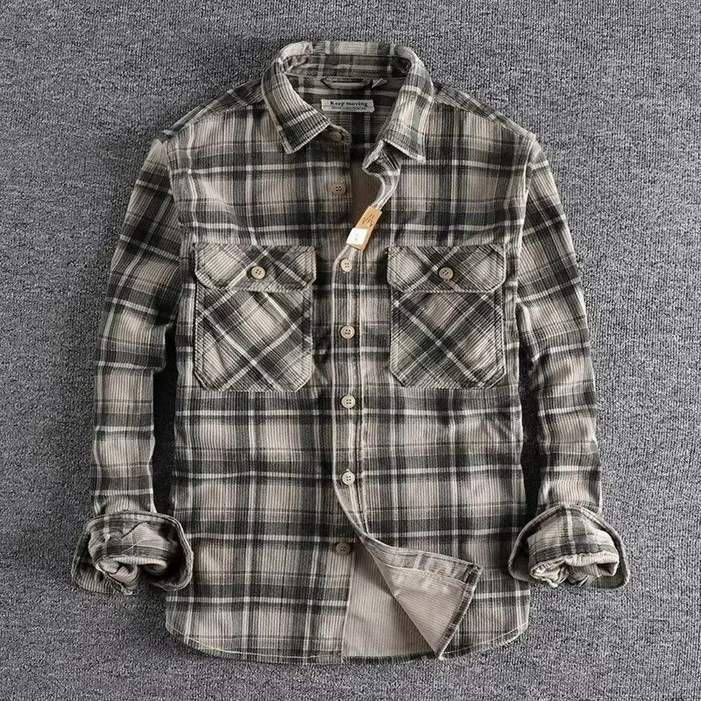 Fashion Mens Classic Plaid Shirts Washed Corduroy Thick Autumn Spring Long Sleeve Comfortable Shirt Coat Men Clothing