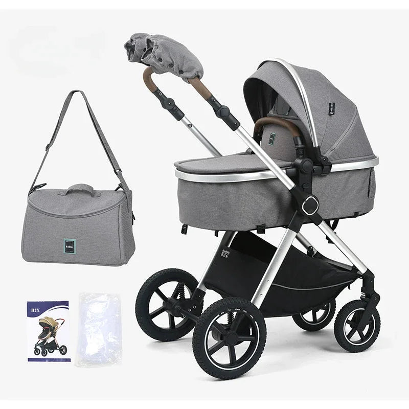 2-in-1 baby stroller, high landscape stroller, one click folding, can sit or lie down, comes with a mommy bag and warm gloves