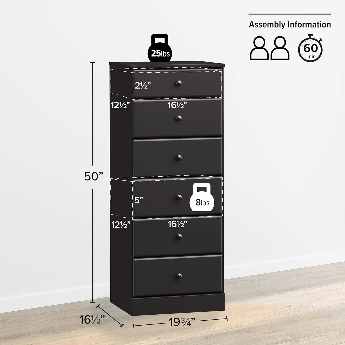 Dresser: 16"D x 20"W x 52"H, 6-Drawer Chest for Bedroom by Prepac - Perfect Chest of Drawers for Ample Storage