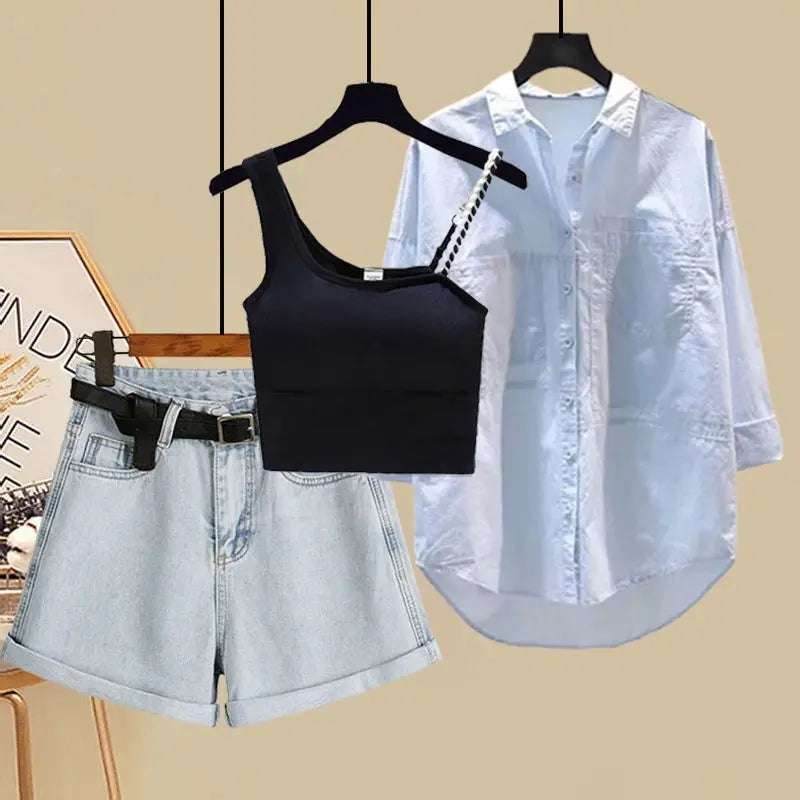 Spring and Summer Women's Suit New Fashionable Sun Protection Shirt Small Suspender Slimming Denim Shorts Three Piece Set