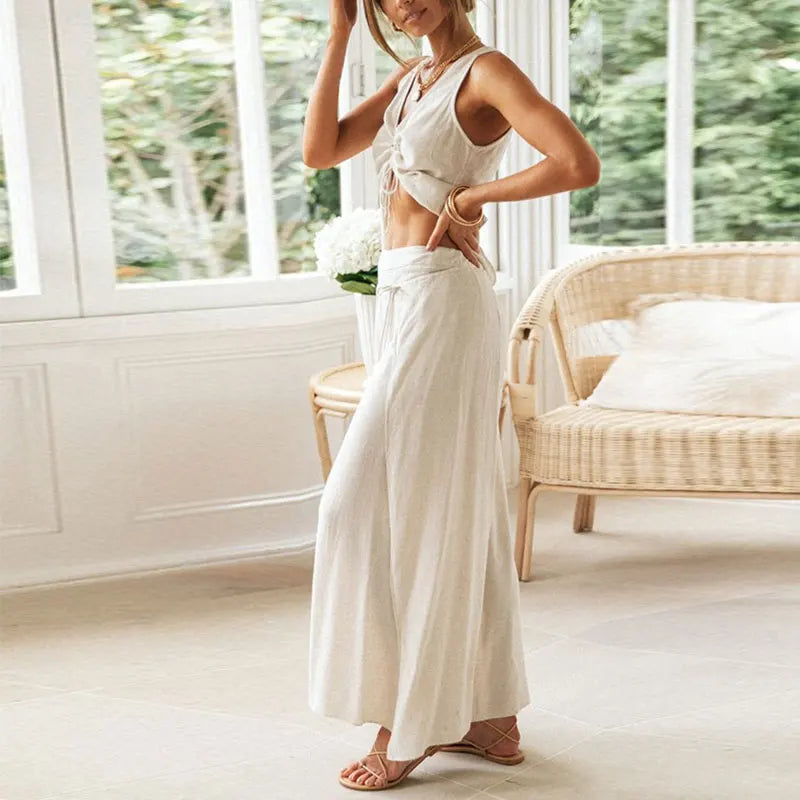 Summer Casual Two Piece Set Cotton Linen Drawstring Crop Top Split Lace Up Wide Leg Pants Loungewear Women's Home Suits Y120