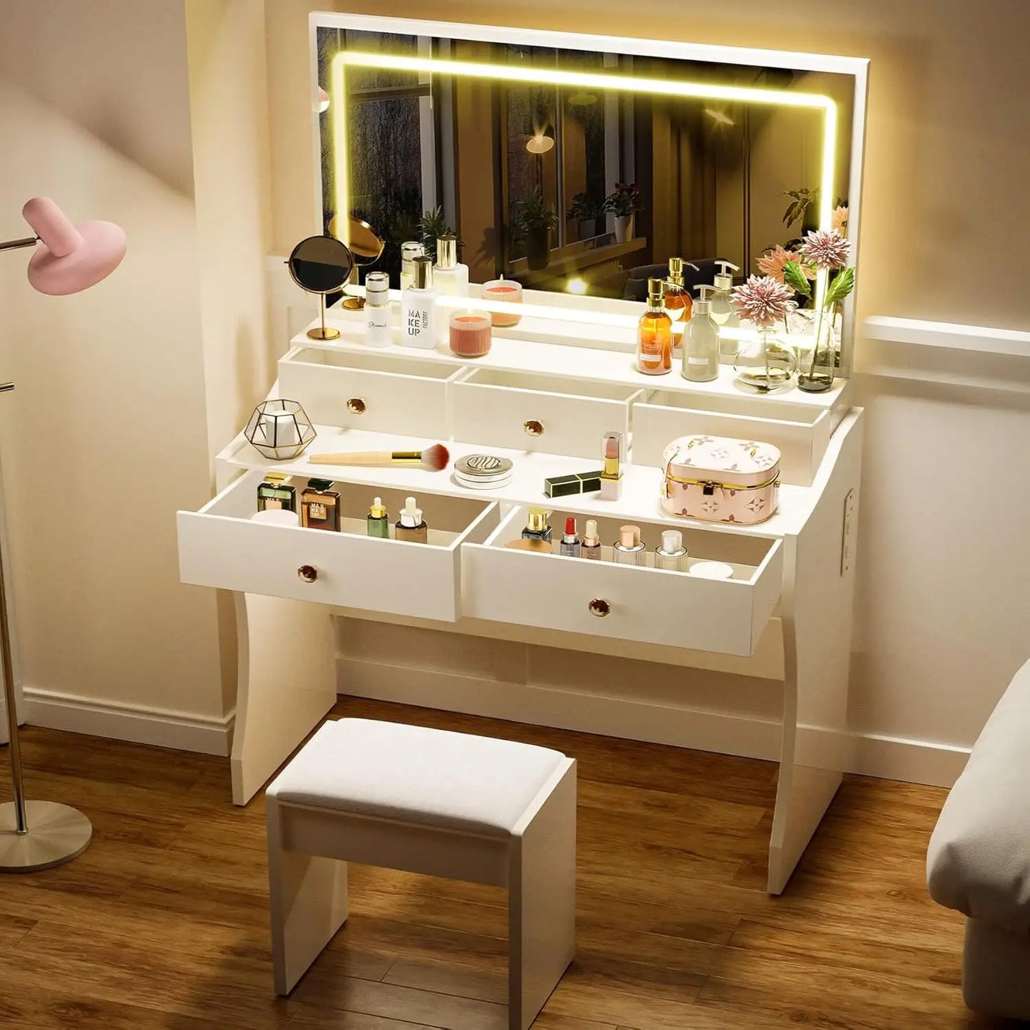 Makeup Vanity Desk with Mirror and Lights, Vanity Table and Chair Set with 5 Drawers and Charging Station, Bedroom Dresser LED M